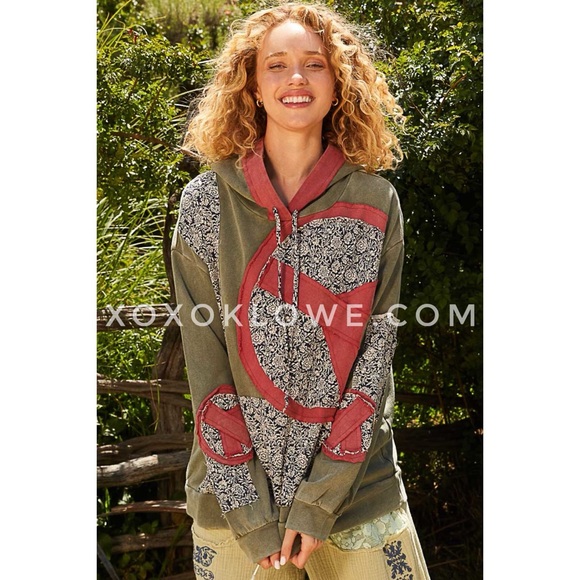 POL Olive French Terry Hoodie | Vintage Wash Peace & Floral Patchwork - Picture 9 of 10